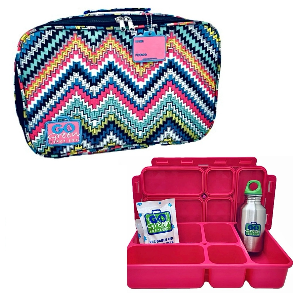 Lunch Box Set with Bento Box, Water Bottle & Ice Pack | Fun Zig Zag Pattern